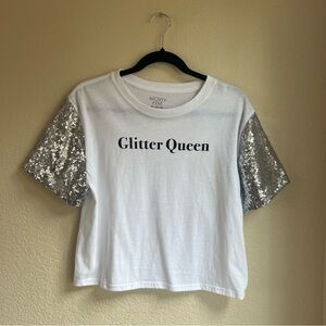 Glitter Queen White T-Shirt with Silver Sequin Sleeves, festival wear size XL